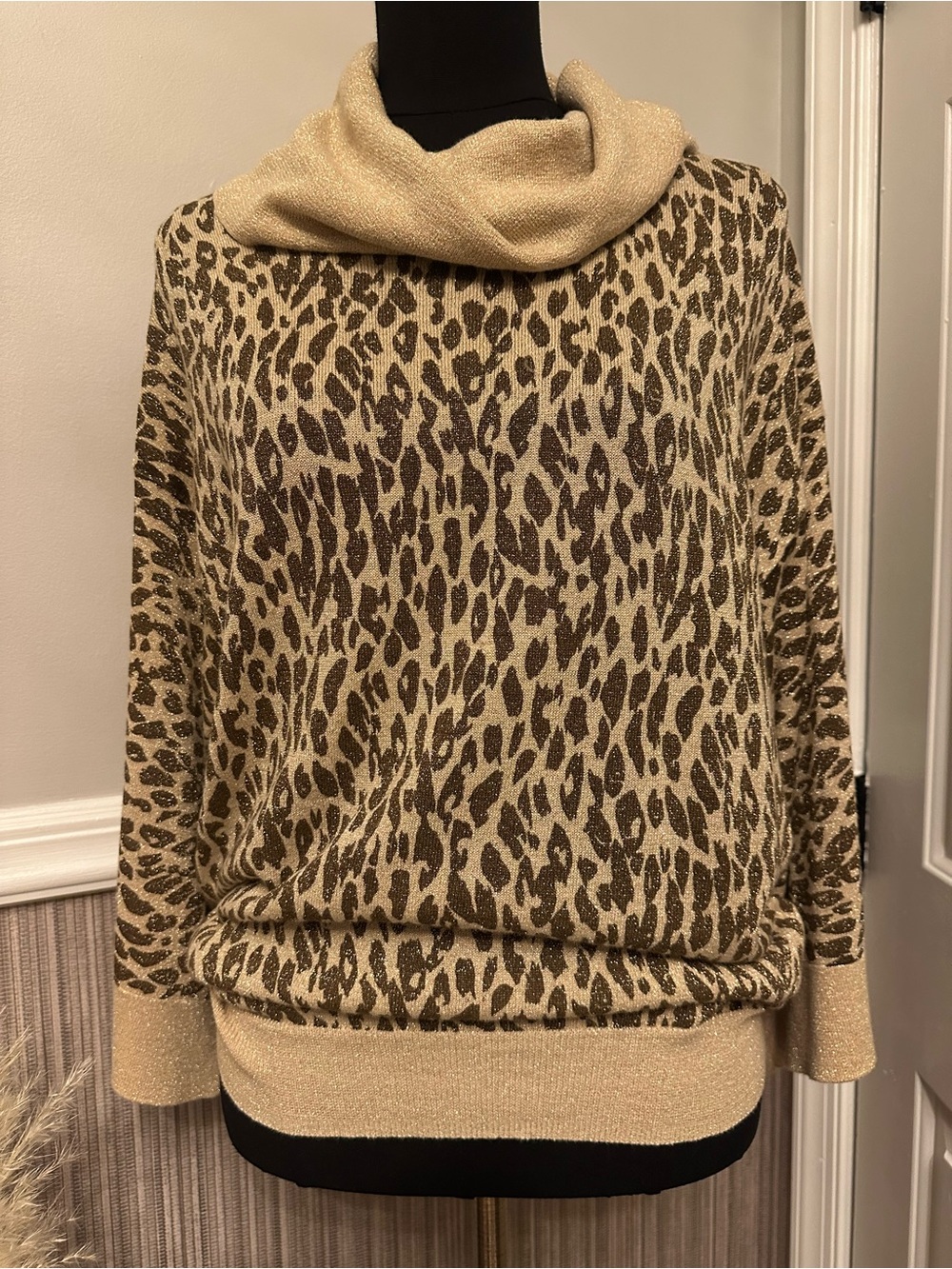 Investments Large Metallic Leopard Print Cowl Neck Bell Sleeve Sweater Gold